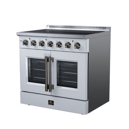 Galiano 36 Inch French Door Electric range, 5 radiant burners, 5.36 cf. True Convection oven, Air fryer kit, White FORNO