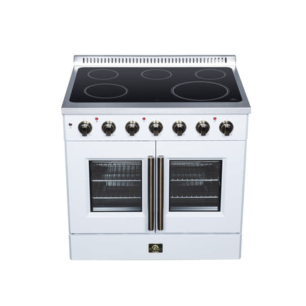 Galiano 36 Inch French Door Electric range, 5 radiant burners, 5.36 cf. True Convection oven, Air fryer kit, White FORNO