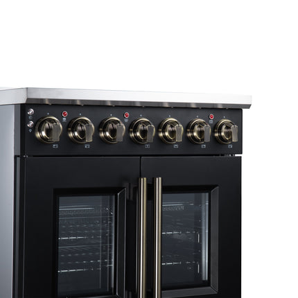 Massimo 30 Inch French Door Electric range, 5 radiant burners, 4.32 cf. True Convection oven, Air fryer kit, Black FORNO
