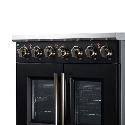 Massimo 30 Inch French Door Electric range, 5 radiant burners, 4.32 cf. True Convection oven, Air fryer kit, Black FORNO
