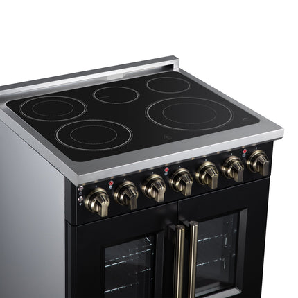 Massimo 30 Inch French Door Electric range, 5 radiant burners, 4.32 cf. True Convection oven, Air fryer kit, Black FORNO