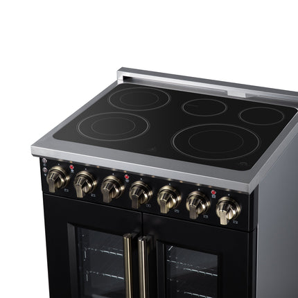 Massimo 30 Inch French Door Electric range, 5 radiant burners, 4.32 cf. True Convection oven, Air fryer kit, Black FORNO