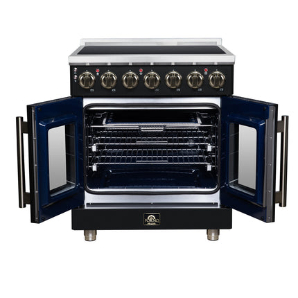 Massimo 30 Inch French Door Electric range, 5 radiant burners, 4.32 cf. True Convection oven, Air fryer kit, Black FORNO