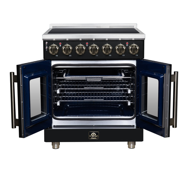 Massimo 30 Inch French Door Electric range, 5 radiant burners, 4.32 cf. True Convection oven, Air fryer kit, Black FORNO