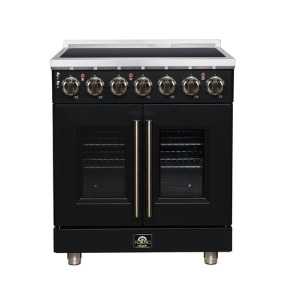 Massimo 30 Inch French Door Electric range, 5 radiant burners, 4.32 cf. True Convection oven, Air fryer kit, Black FORNO