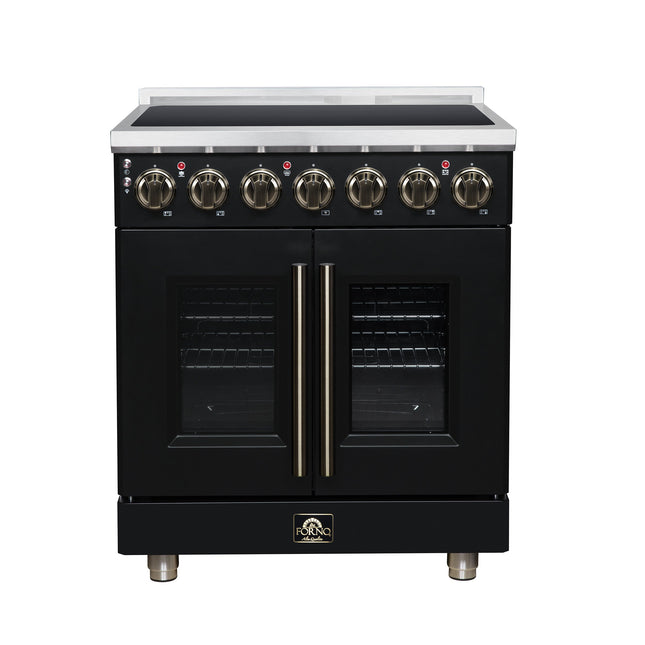 Massimo 30 Inch French Door Electric range, 5 radiant burners, 4.32 cf. True Convection oven, Air fryer kit, Black FORNO