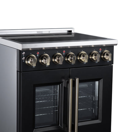 Massimo 30 Inch French Door Electric range, 5 radiant burners, 4.32 cf. True Convection oven, Air fryer kit, Black FORNO