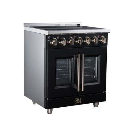 Massimo 30 Inch French Door Electric range, 5 radiant burners, 4.32 cf. True Convection oven, Air fryer kit, Black FORNO