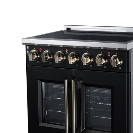 Massimo 30 Inch French Door Electric range, 5 radiant burners, 4.32 cf. True Convection oven, Air fryer kit, Black FORNO