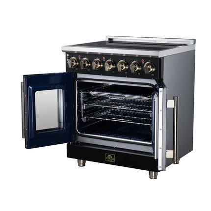 Massimo 30 Inch French Door Electric range, 5 radiant burners, 4.32 cf. True Convection oven, Air fryer kit, Black FORNO