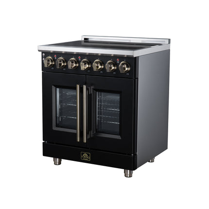 Massimo 30 Inch French Door Electric range, 5 radiant burners, 4.32 cf. True Convection oven, Air fryer kit, Black FORNO