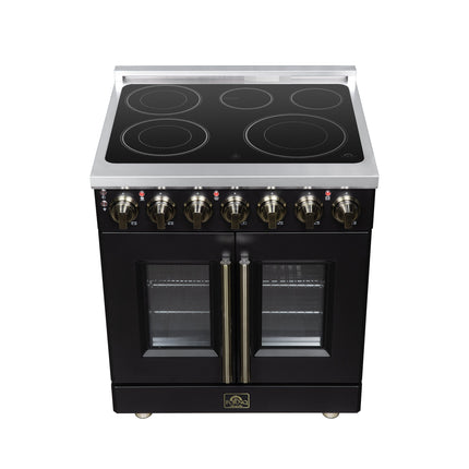 Massimo 30 Inch French Door Electric range, 5 radiant burners, 4.32 cf. True Convection oven, Air fryer kit, Black FORNO