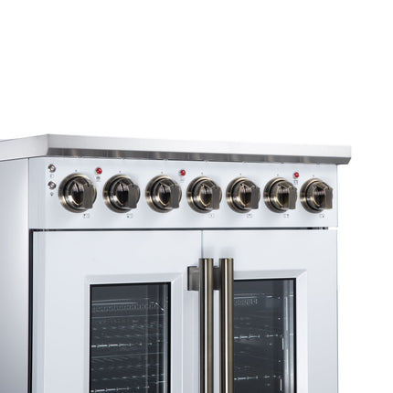 Massimo 30 Inch French Door Electric range, 5 radiant burners, 4.32 cf. True Convection oven, Air fryer kit, White FORNO