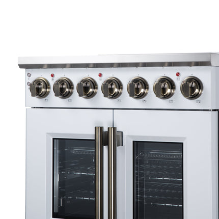 Massimo 30 Inch French Door Electric range, 5 radiant burners, 4.32 cf. True Convection oven, Air fryer kit, White FORNO