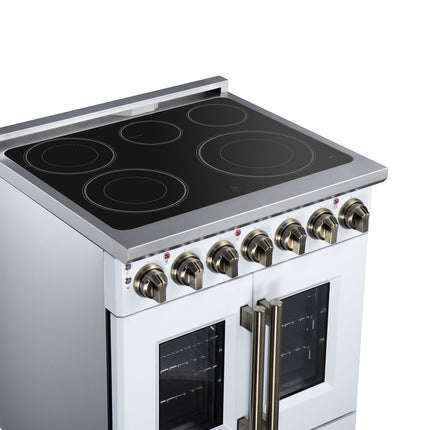 Massimo 30 Inch French Door Electric range, 5 radiant burners, 4.32 cf. True Convection oven, Air fryer kit, White FORNO