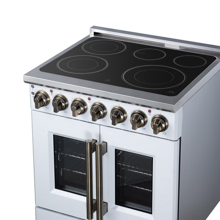 Massimo 30 Inch French Door Electric range, 5 radiant burners, 4.32 cf. True Convection oven, Air fryer kit, White FORNO