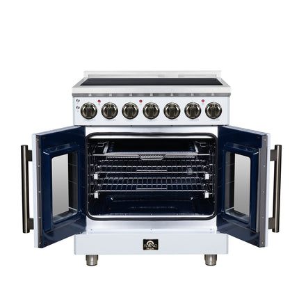 Massimo 30 Inch French Door Electric range, 5 radiant burners, 4.32 cf. True Convection oven, Air fryer kit, White FORNO