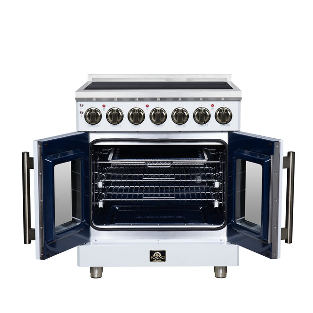 Massimo 30 Inch French Door Electric range, 5 radiant burners, 4.32 cf. True Convection oven, Air fryer kit, White FORNO