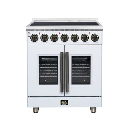Massimo 30 Inch French Door Electric range, 5 radiant burners, 4.32 cf. True Convection oven, Air fryer kit, White FORNO