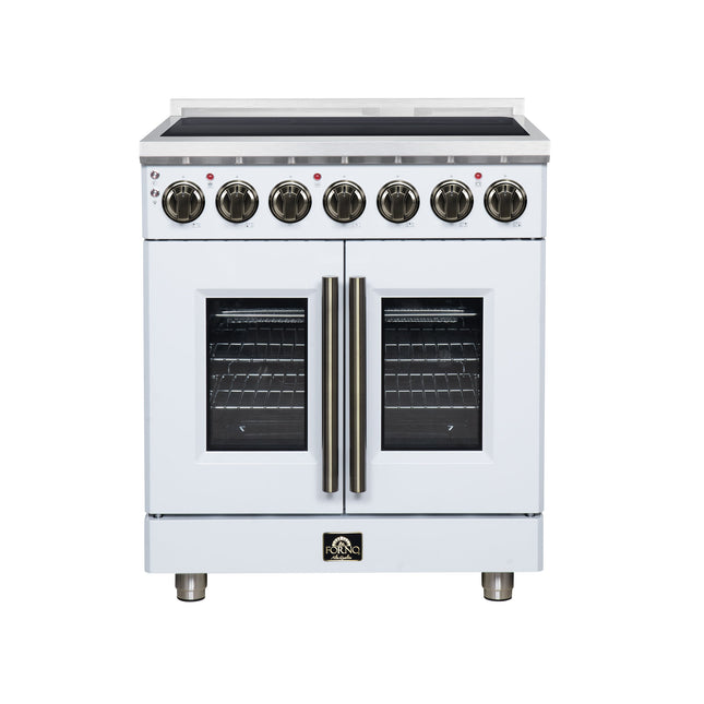 Massimo 30 Inch French Door Electric range, 5 radiant burners, 4.32 cf. True Convection oven, Air fryer kit, White FORNO
