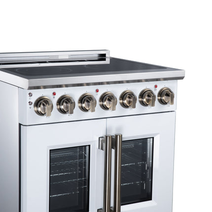 Massimo 30 Inch French Door Electric range, 5 radiant burners, 4.32 cf. True Convection oven, Air fryer kit, White FORNO