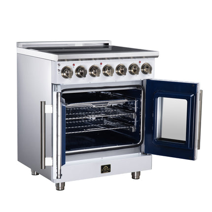 Massimo 30 Inch French Door Electric range, 5 radiant burners, 4.32 cf. True Convection oven, Air fryer kit, White FORNO