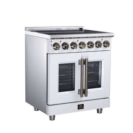 Massimo 30 Inch French Door Electric range, 5 radiant burners, 4.32 cf. True Convection oven, Air fryer kit, White FORNO