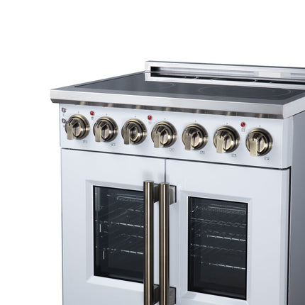 Massimo 30 Inch French Door Electric range, 5 radiant burners, 4.32 cf. True Convection oven, Air fryer kit, White FORNO