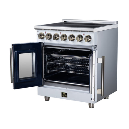 Massimo 30 Inch French Door Electric range, 5 radiant burners, 4.32 cf. True Convection oven, Air fryer kit, White FORNO