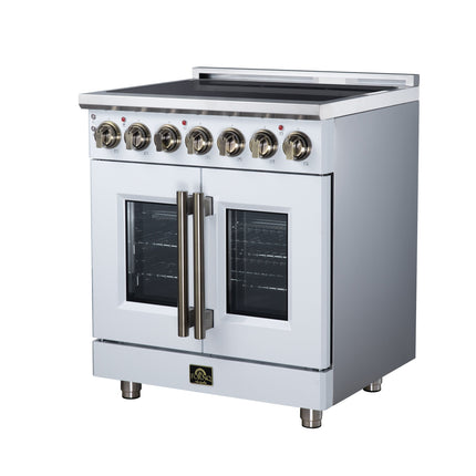 Massimo 30 Inch French Door Electric range, 5 radiant burners, 4.32 cf. True Convection oven, Air fryer kit, White FORNO