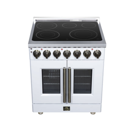 Massimo 30 Inch French Door Electric range, 5 radiant burners, 4.32 cf. True Convection oven, Air fryer kit, White FORNO