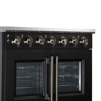 Massimo 36 Inch French Door Electric range, 5 radiant burners, 5.36 cf. True Convection oven, Air fryer kit, Black FORNO