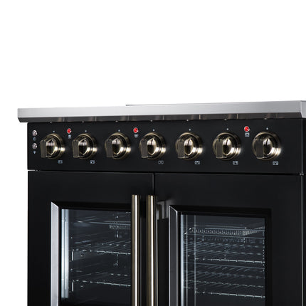 Massimo 36 Inch French Door Electric range, 5 radiant burners, 5.36 cf. True Convection oven, Air fryer kit, Black FORNO