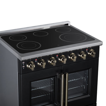 Massimo 36 Inch French Door Electric range, 5 radiant burners, 5.36 cf. True Convection oven, Air fryer kit, Black FORNO