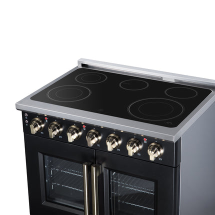 Massimo 36 Inch French Door Electric range, 5 radiant burners, 5.36 cf. True Convection oven, Air fryer kit, Black FORNO