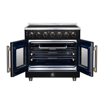 Massimo 36 Inch French Door Electric range, 5 radiant burners, 5.36 cf. True Convection oven, Air fryer kit, Black FORNO
