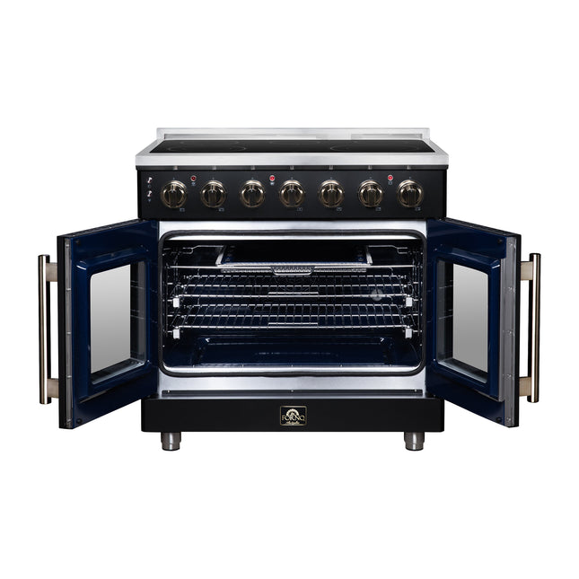 Massimo 36 Inch French Door Electric range, 5 radiant burners, 5.36 cf. True Convection oven, Air fryer kit, Black FORNO