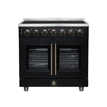 Massimo 36 Inch French Door Electric range, 5 radiant burners, 5.36 cf. True Convection oven, Air fryer kit, Black FORNO