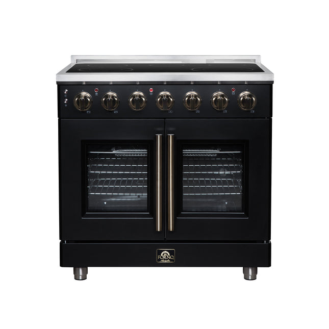Massimo 36 Inch French Door Electric range, 5 radiant burners, 5.36 cf. True Convection oven, Air fryer kit, Black FORNO