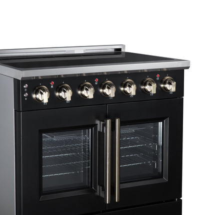 Massimo 36 Inch French Door Electric range, 5 radiant burners, 5.36 cf. True Convection oven, Air fryer kit, Black FORNO