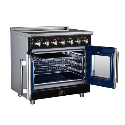 Massimo 36 Inch French Door Electric range, 5 radiant burners, 5.36 cf. True Convection oven, Air fryer kit, Black FORNO