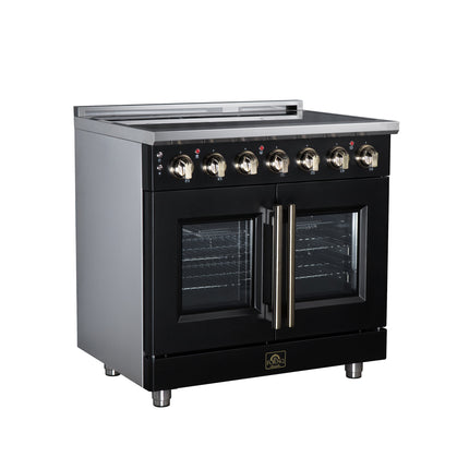 Massimo 36 Inch French Door Electric range, 5 radiant burners, 5.36 cf. True Convection oven, Air fryer kit, Black FORNO
