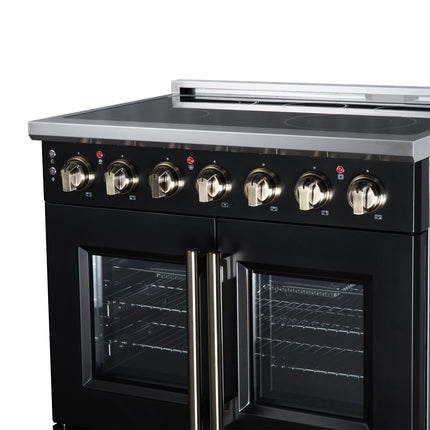Massimo 36 Inch French Door Electric range, 5 radiant burners, 5.36 cf. True Convection oven, Air fryer kit, Black FORNO