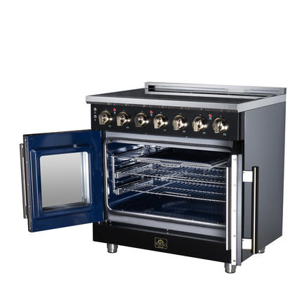 Massimo 36 Inch French Door Electric range, 5 radiant burners, 5.36 cf. True Convection oven, Air fryer kit, Black FORNO