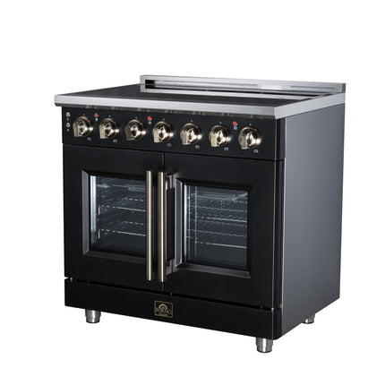 Massimo 36 Inch French Door Electric range, 5 radiant burners, 5.36 cf. True Convection oven, Air fryer kit, Black FORNO