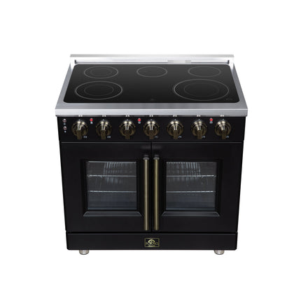 Massimo 36 Inch French Door Electric range, 5 radiant burners, 5.36 cf. True Convection oven, Air fryer kit, Black FORNO