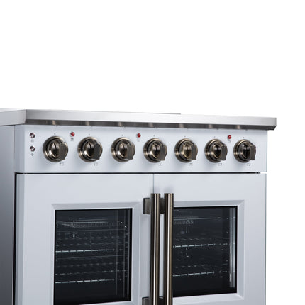 Massimo 36 Inch French Door Electric range, 5 radiant burners, 5.36 cf. True Convection oven, Air fryer kit, White FORNO
