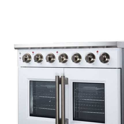 Massimo 36 Inch French Door Electric range, 5 radiant burners, 5.36 cf. True Convection oven, Air fryer kit, White FORNO