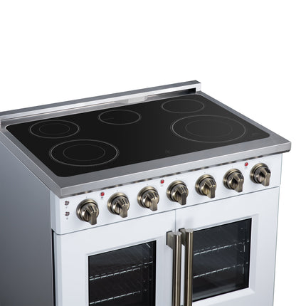 Massimo 36 Inch French Door Electric range, 5 radiant burners, 5.36 cf. True Convection oven, Air fryer kit, White FORNO