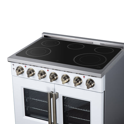 Massimo 36 Inch French Door Electric range, 5 radiant burners, 5.36 cf. True Convection oven, Air fryer kit, White FORNO